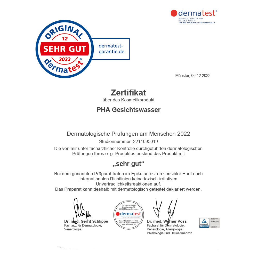 Zertifikat PHA Gesichtswasser JUNGLÜCK