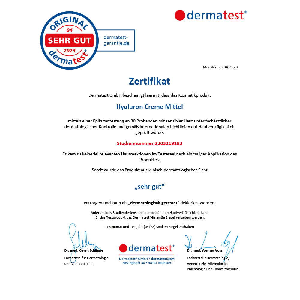 Zertifikat Hyaluron Mittel Creme JUNGLÜCK