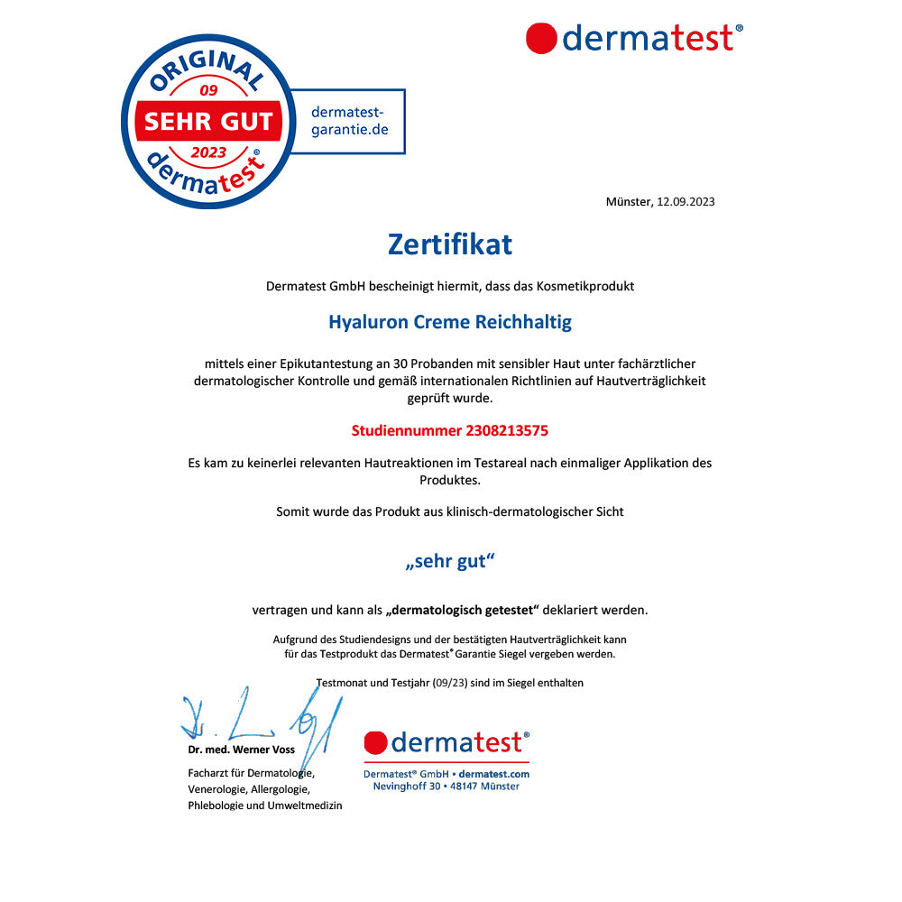 Zertifikat Hyaluron Creme Reichhaltig JUNGLÜCK