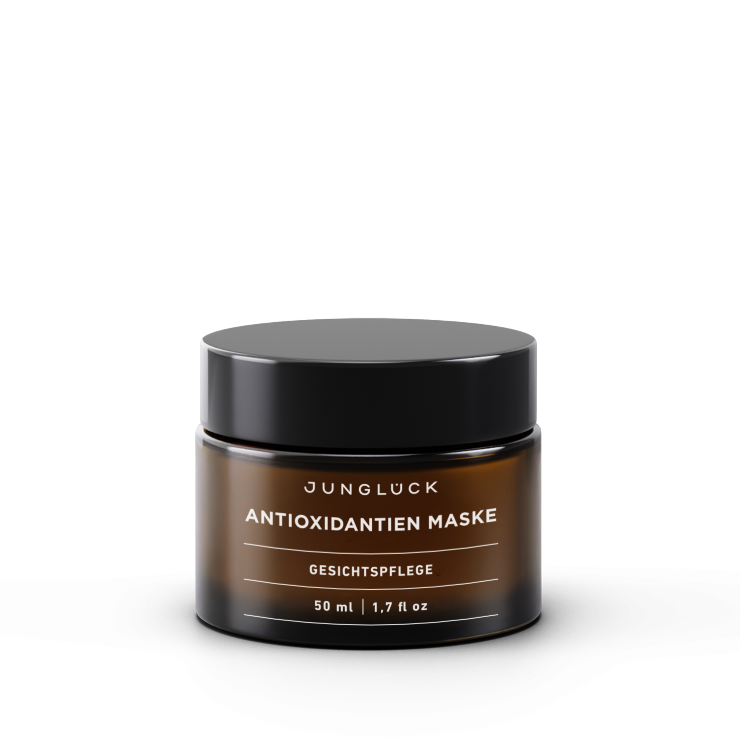 Brown glass jar with black lid labeled Jungluck Antioxidantien Maske 50ml face care cream.
