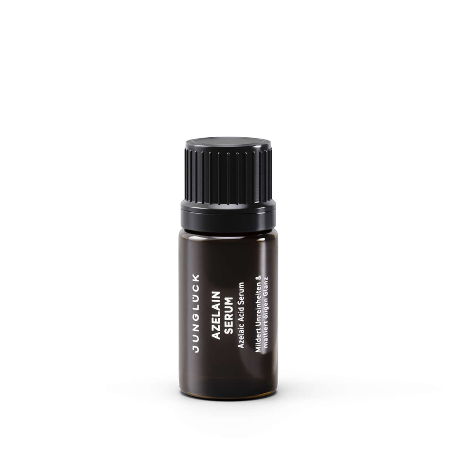 Small dark brown glass bottle with black screw cap labeled Azelain serum 5 ml by Junglück.