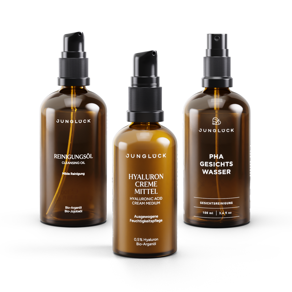 Reinigungsol, Hyaluron Creme mit PHA, and PHA Gesichtswasser.