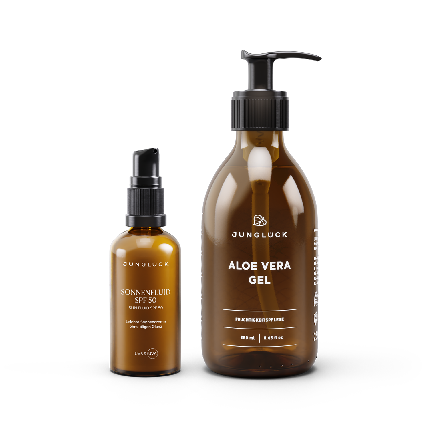 Set of two amber skincare bottles with black pumps, labeled Sunscreen SPF 50 and Aloe Vera Gel.