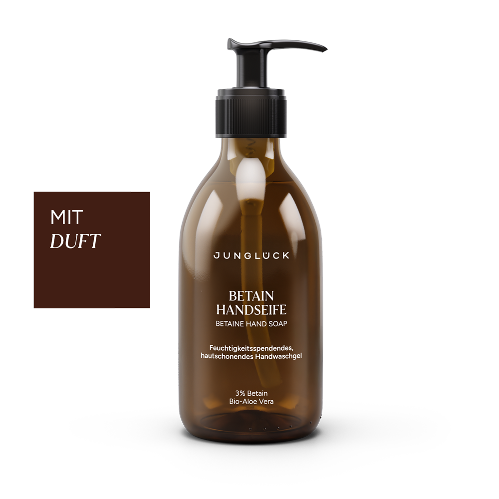 Brown translucent 240ml hand soap bottle with black pump and white text labeled Betain Handseife.