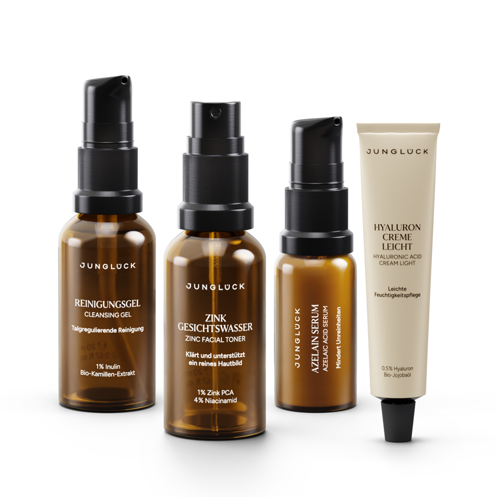 Bye Bye Breakouts Kennenlern Set mit vier Braunglasflaschen: Reinigungsgelee, Zink Gesichtswasser, Zink Azidserum und