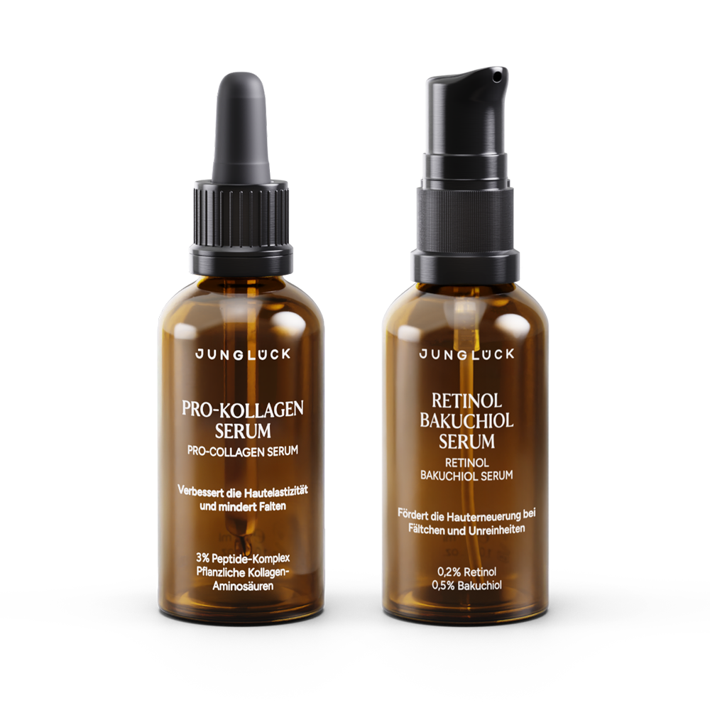Two amber glass skincare bottles, one with a dropper labeled Pro-Kollagen Serum, the other with a pump labeled Retinol.