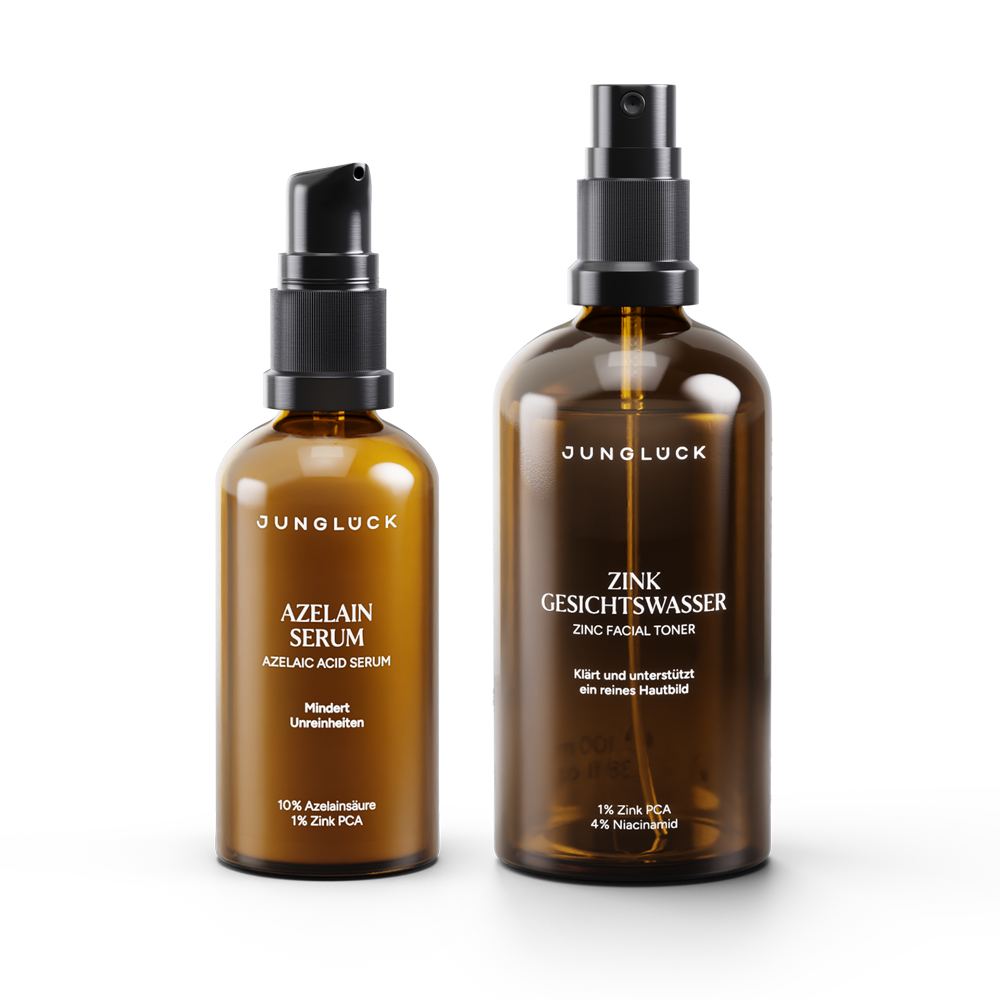 Bye Bye Pickel Set mit einem Azelain Serum und einem Zink Gesichtswasser in Braunglasflaschen. Fördert einen klaren Teint.