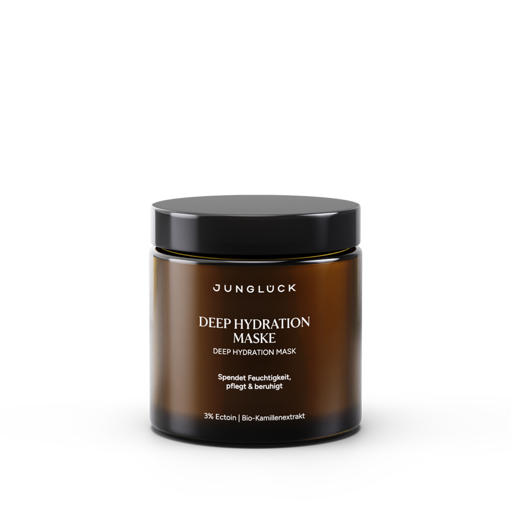 Brown glass jar with black lid labeled Deep Hydration Maske face mask by Jungluck, 100 ml.