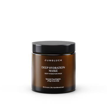 Brown glass jar with black lid labeled Deep Hydration Maske face mask by Jungluck, 100 ml.