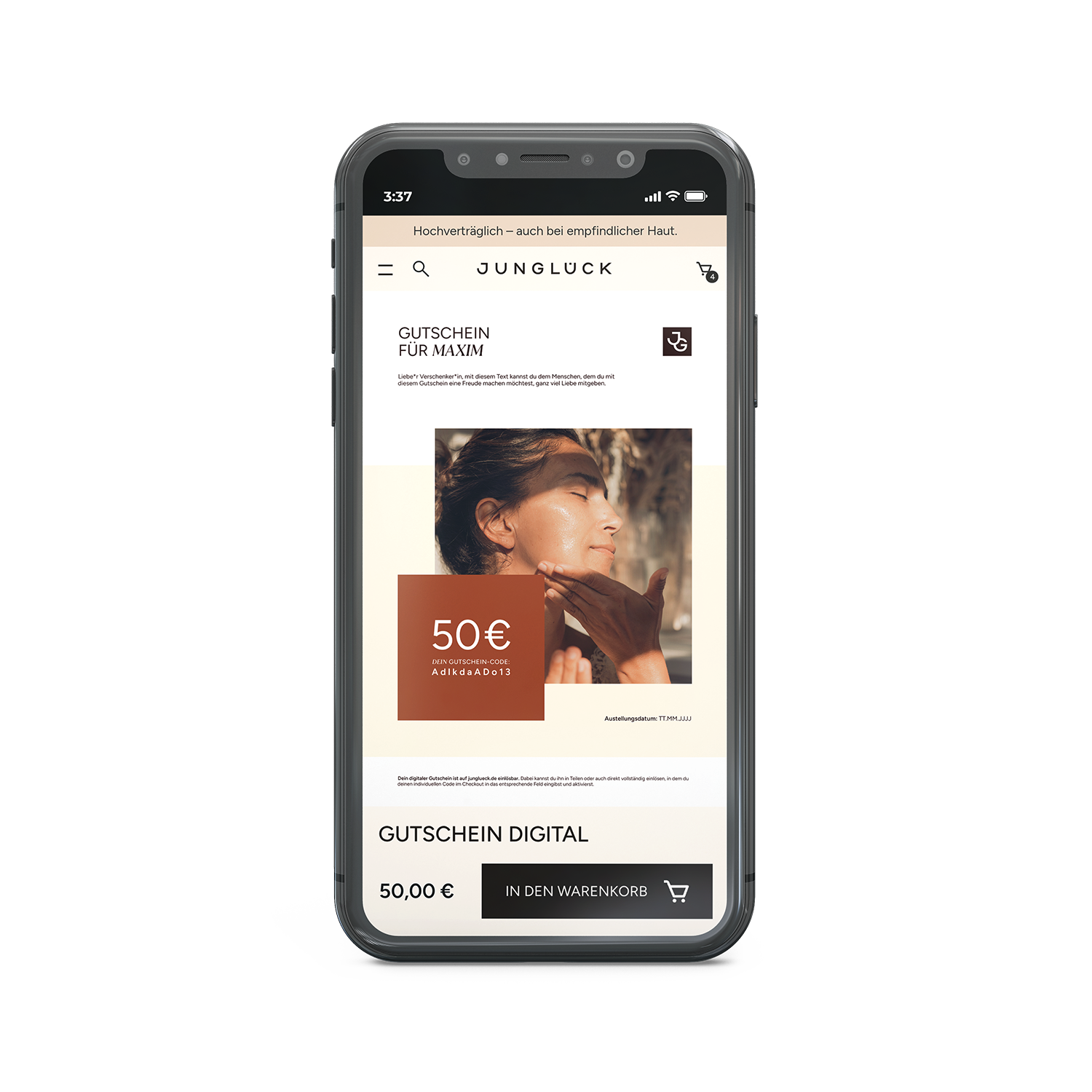 Smartphone showing a digital gift card webpage with a 50 euro card featuring a woman with a scarf and soft beige background.