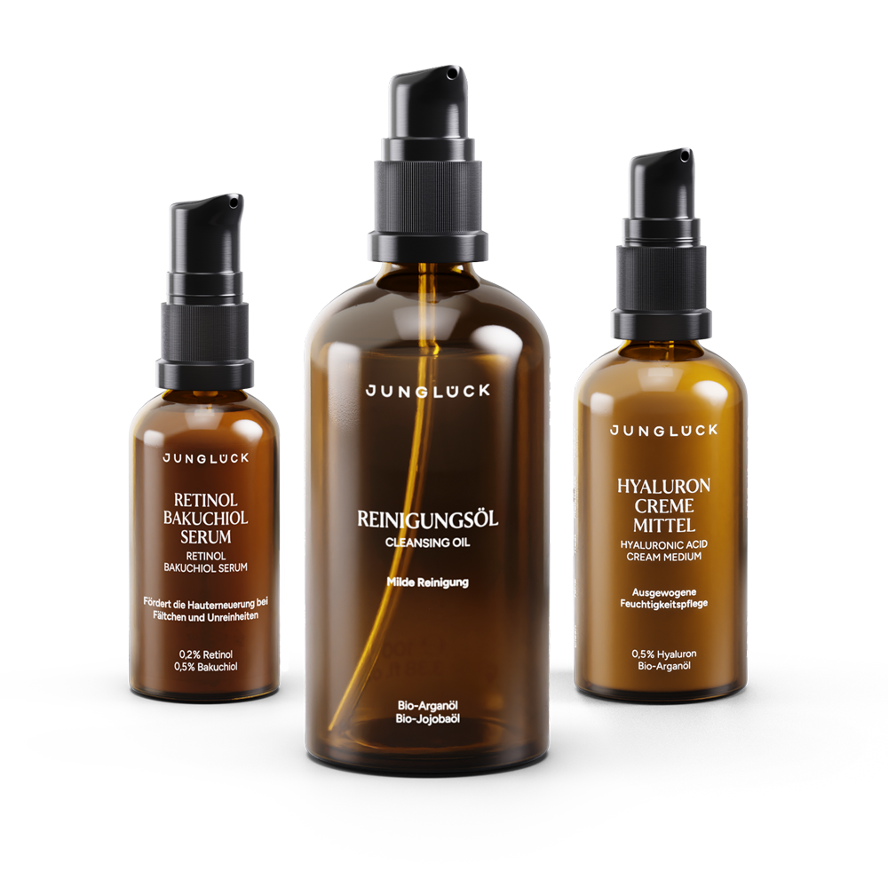 JUNGLÜCK Glatt Strahlend Pflege Trio Set mit Reinigungsöl, Retinol Bakuchiol Serum und Hyaluron Creme Mittel in