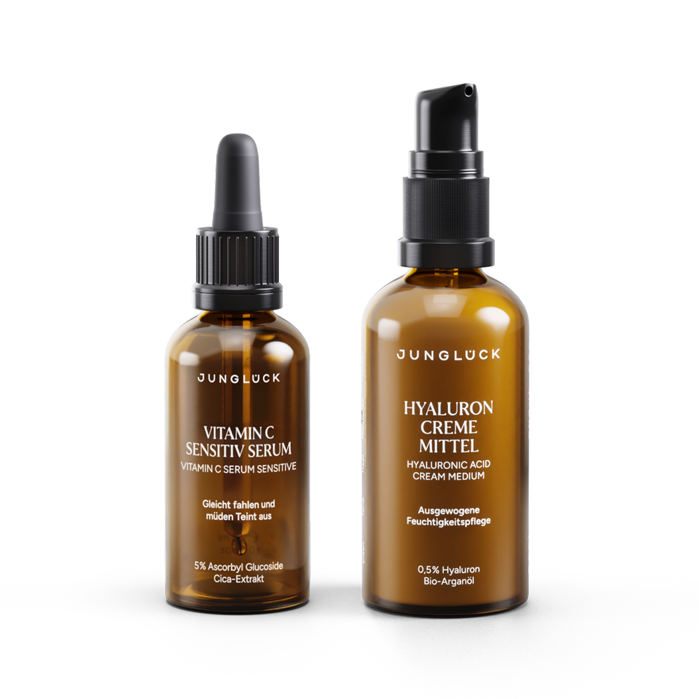 Amber glass dropper bottle of Vitamin C Sensitive Serum and amber pump bottle of Hyaluron Creme Mittel by Junglock.
