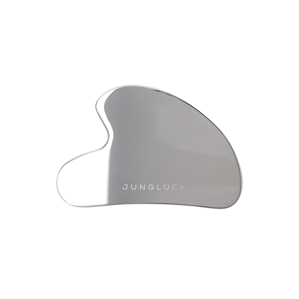 Smooth polished gray Gua Sha facial massage tool with rounded edges and Jungluck logo.