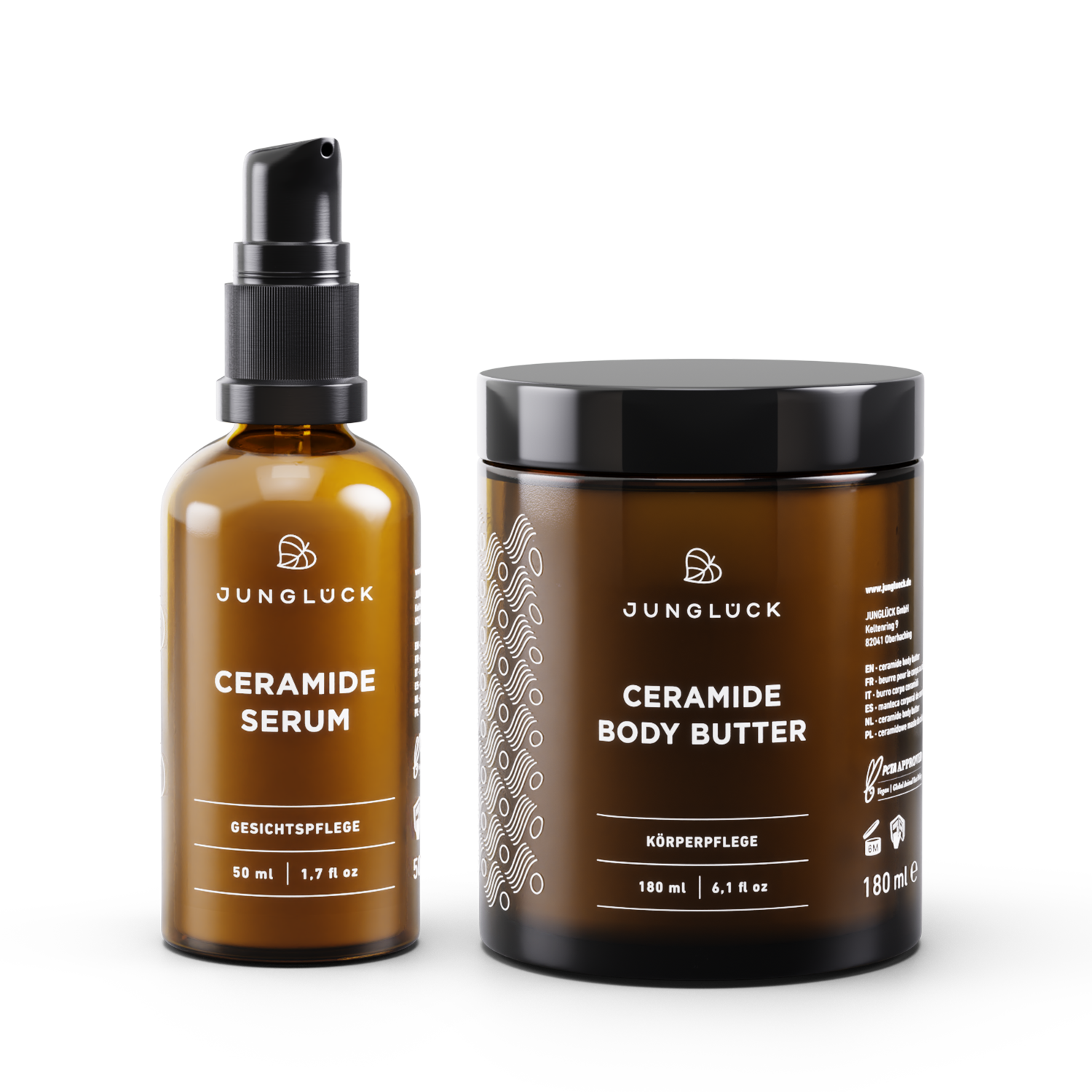 Ceramide Serum pump bottle and Ceramide Body Butter jar with brown labels and black caps.