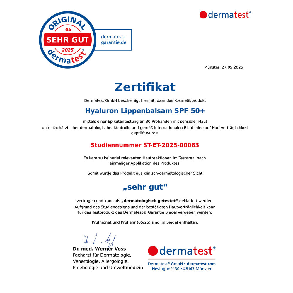 Jungück Hyaluron Lippenbalsam SPF 50+ Dermatest Zertifikat