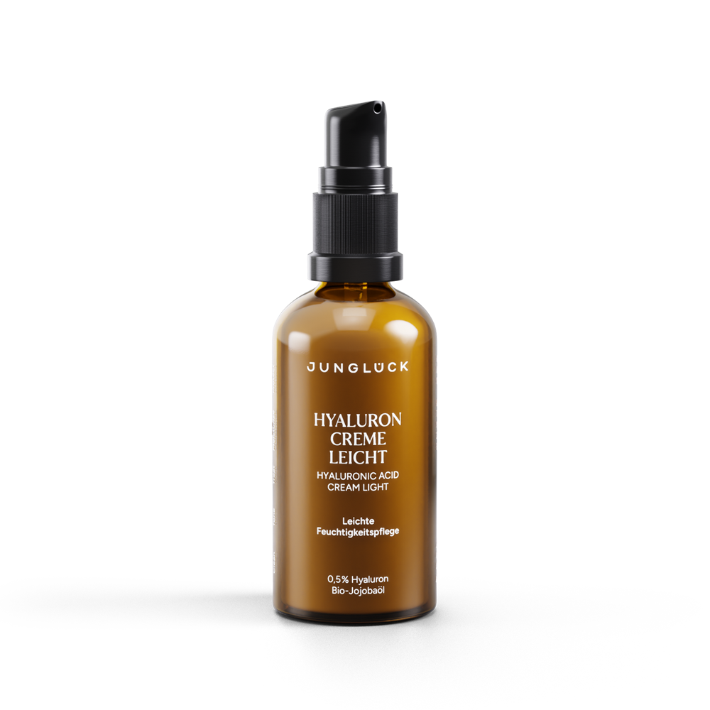 Amber glass pump bottle of Jungluck Hyaluron Creme Leicht with white and black label, 50 ml size.