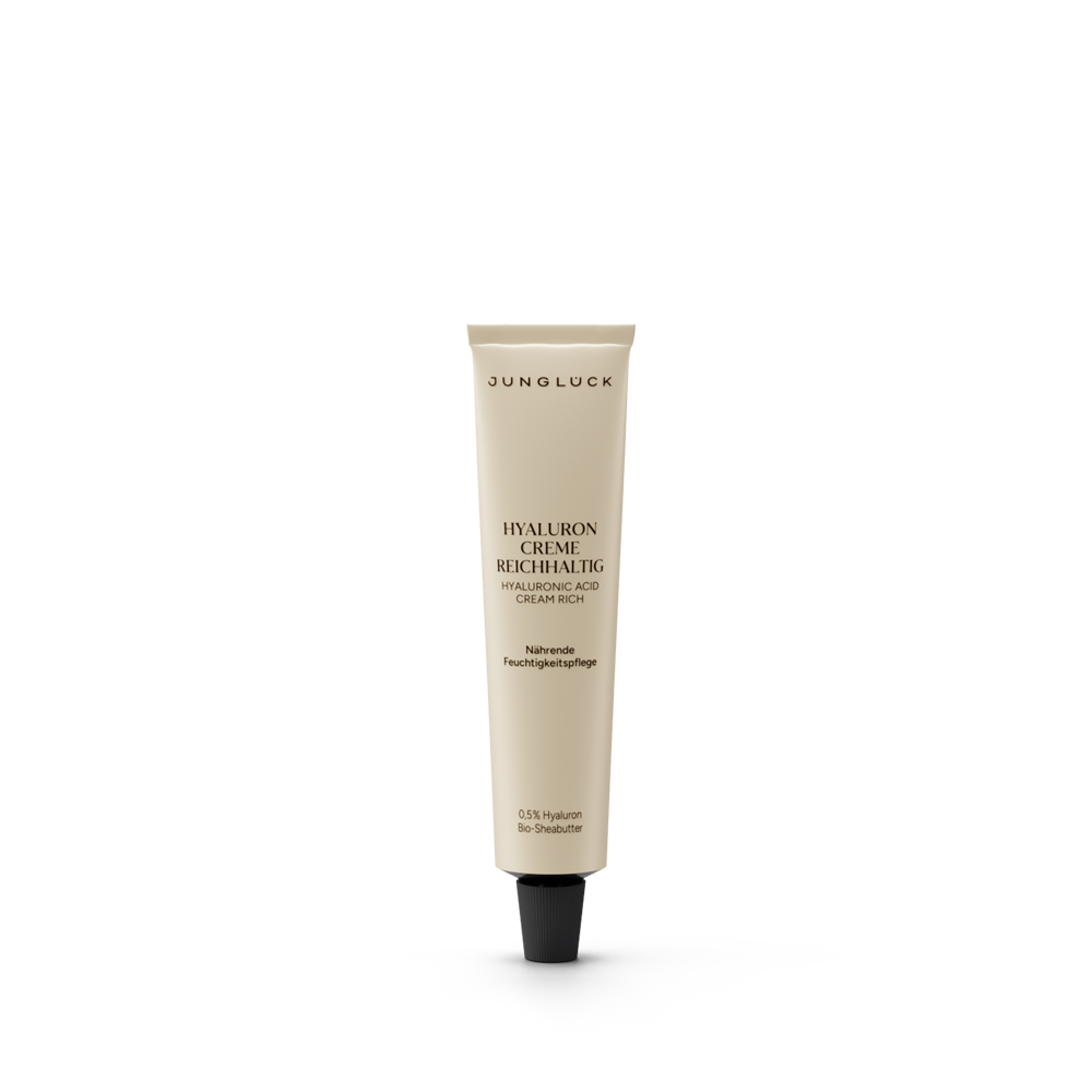 Beige tube of Hyaluron Creme Reichhaltig with black cap, 10 ml size, minimalistic design.