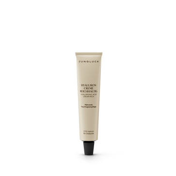Beige tube of Hyaluron Creme Reichhaltig with black cap, 10 ml size, minimalistic design.