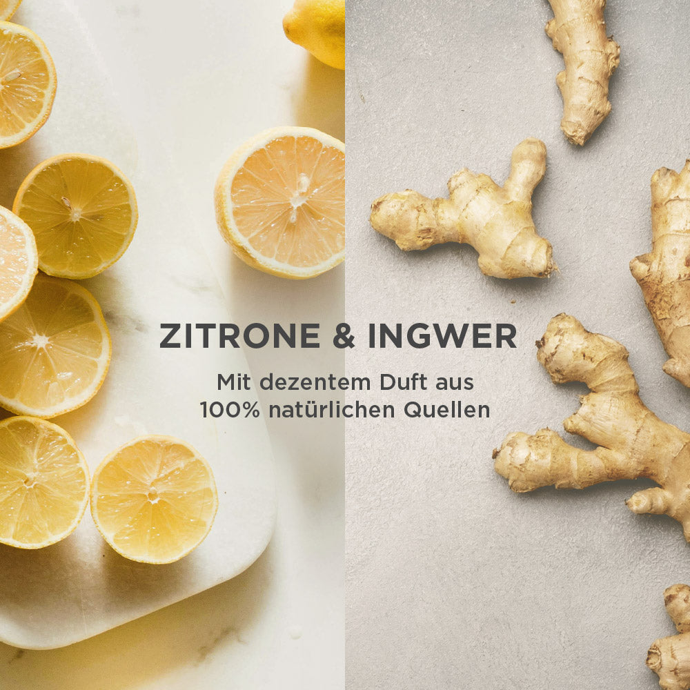 Zitronen und Ingwer Visualisierung für den Duft aus 100% natürlichen Quellen bei der JUNGLÜCK Volumen Haircare