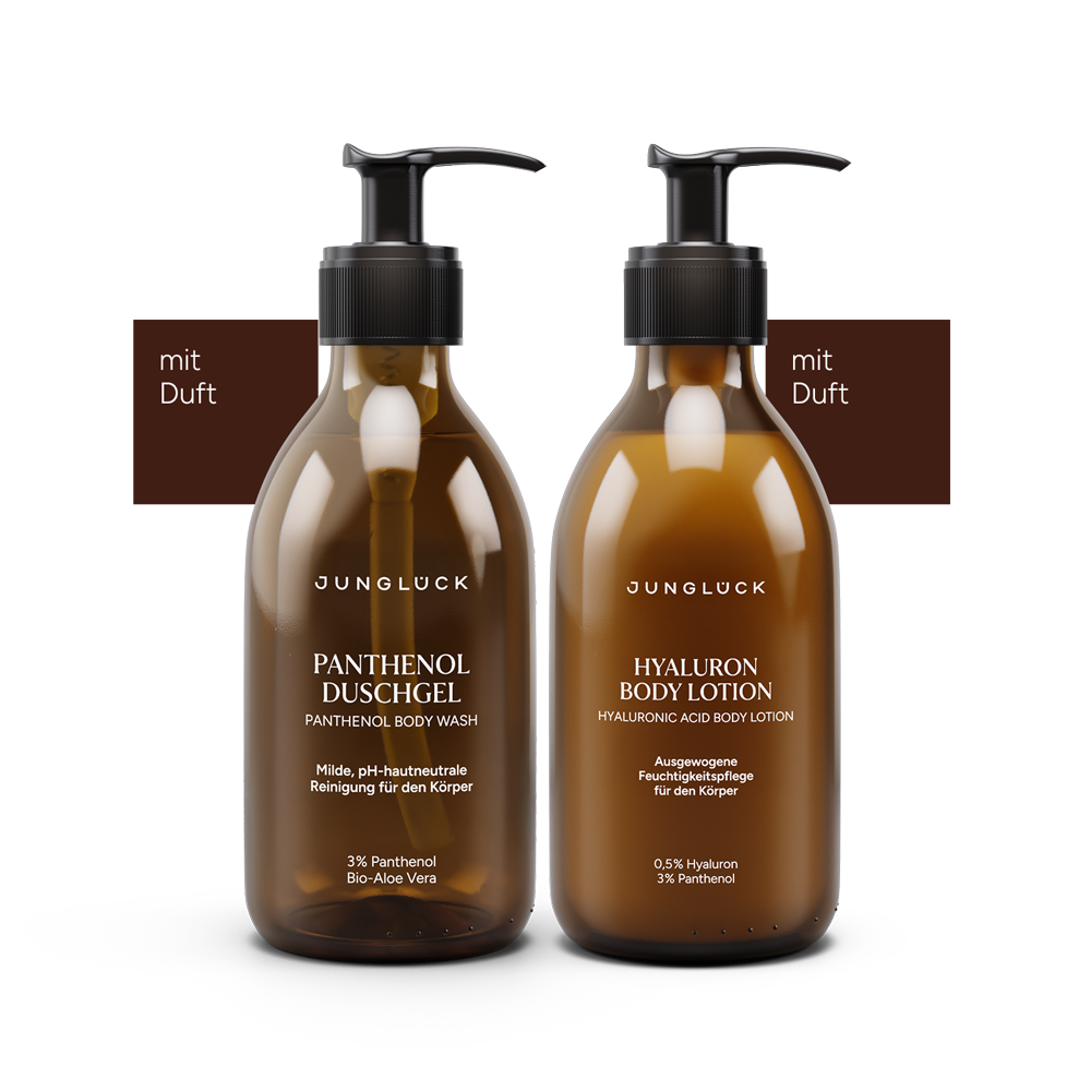 Set mit zwei Braunglasflaschen: Panthenol Duschgel und Hyaluron Body Lotion, beide mit Pumpspender und Duft.