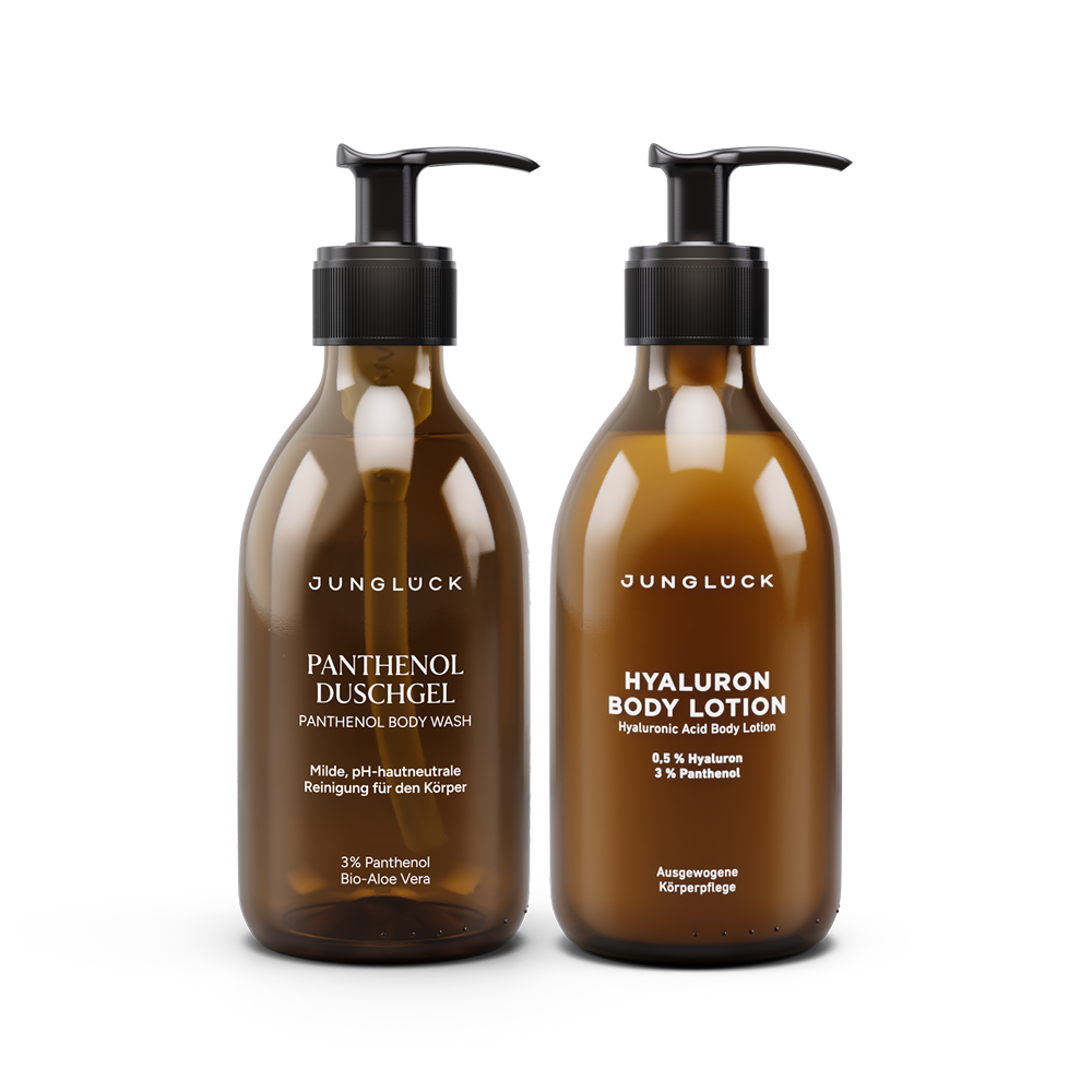 Amber pump bottles of Junoluck Panthenol Duschgel and Hyaluron Body Lotion with white text labels.