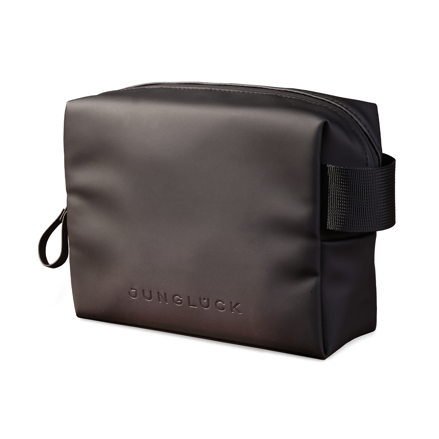 Matte black cosmetic bag with embossed logo and side handle, rectangular shape.