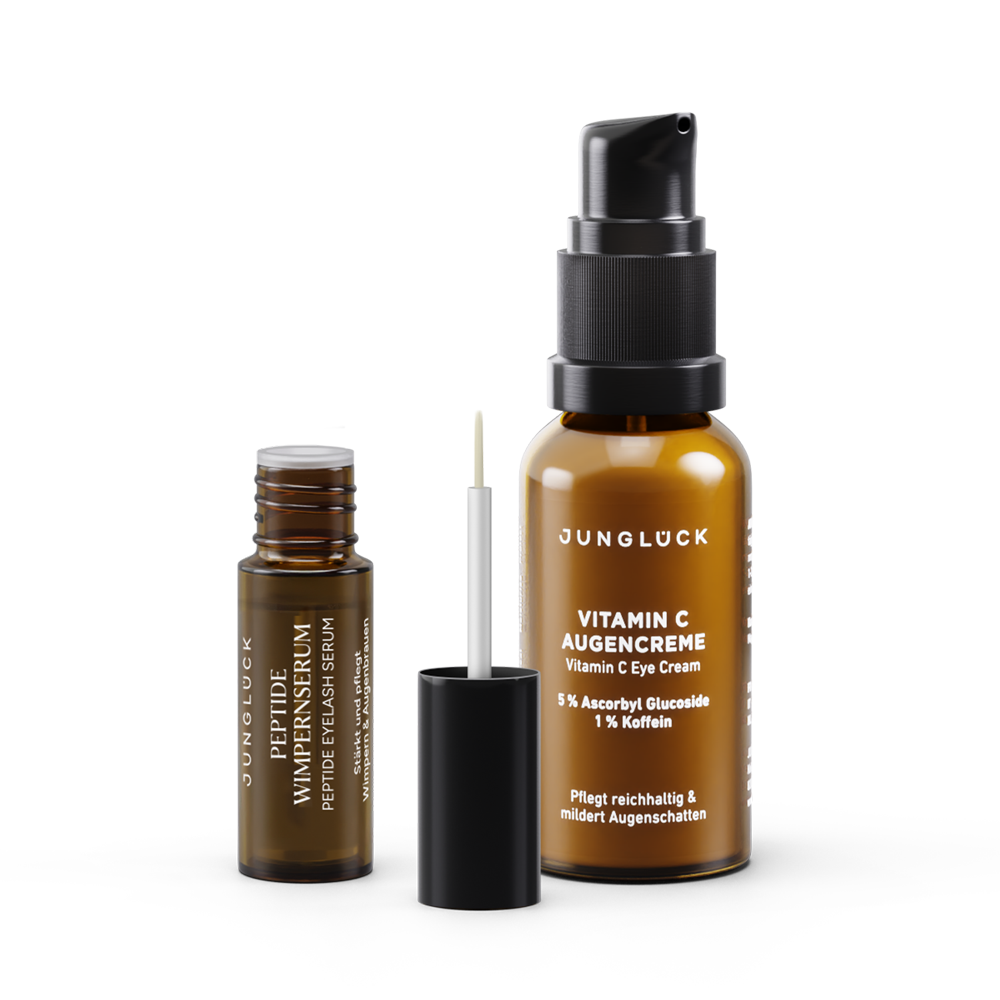 Das Night Care Augen Set beinhaltet ein Peptide Wimpernserum und eine Vitamin C Augencreme in Braunglasflaschen.