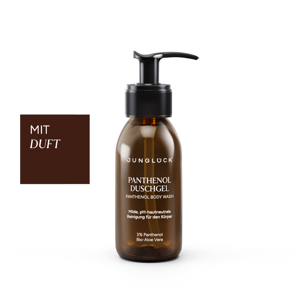 50 ml amber bottle of Panthenol Duschgel with black pump and white label text.