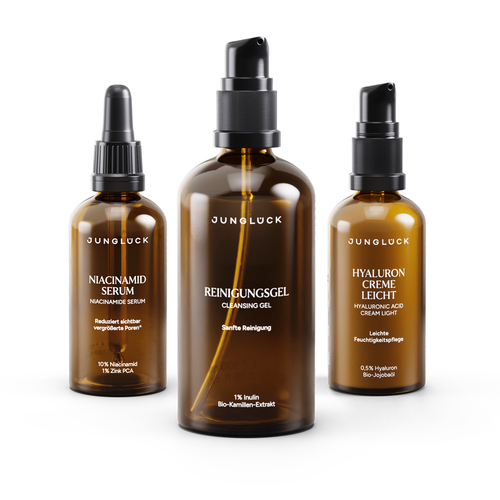 Junglück Set Poren verfeinern - Niacinamid Serum, Reinigungsgel und Hyaluron Creme Leicht