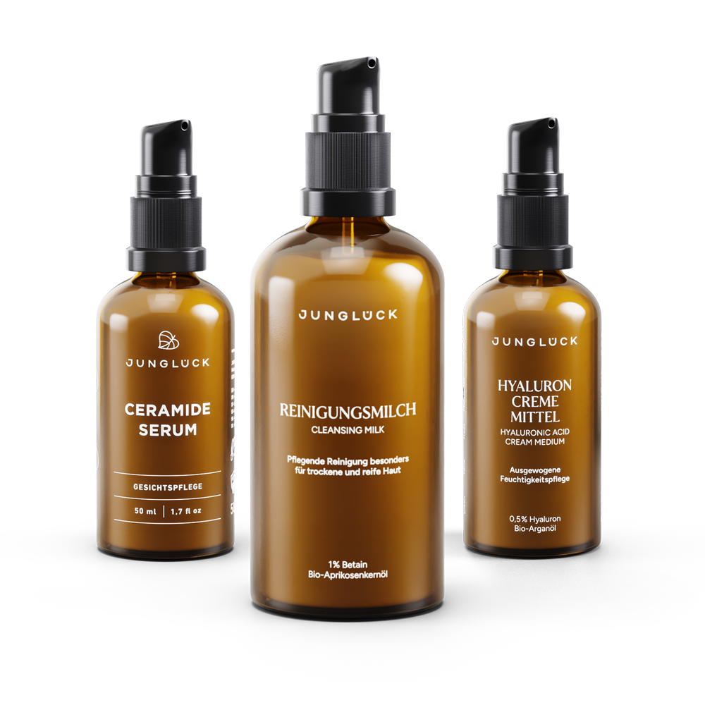 JUNGLÜCK Rötungen lindern Set: Drei Braunglasflaschen mit Reinigungsmilch, Hyaluron Creme Mittel und Ceramide Serum zur
