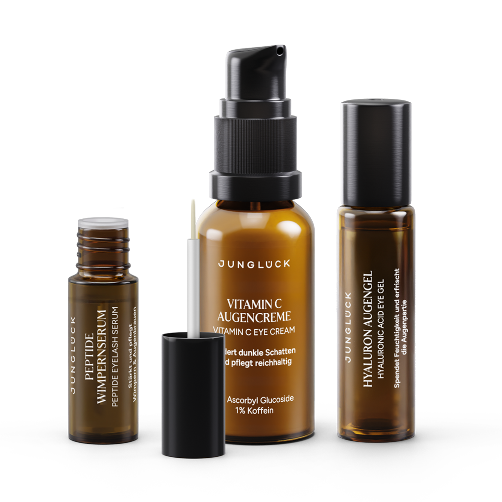 Augenpflege Trio Set mit Vitamin C Augencreme, Peptide Wimpernserum und Hyaluron Augengel in Braunglasverpackungen.