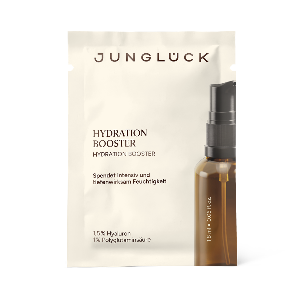 Jungluck Hydration Booster sachet with 1.8ml amber pump bottle displaying hydration and hyaluronic acid details.