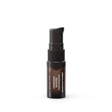 Dark brown 5ml serum bottle with black pump dispenser and white text Hydration Booster.