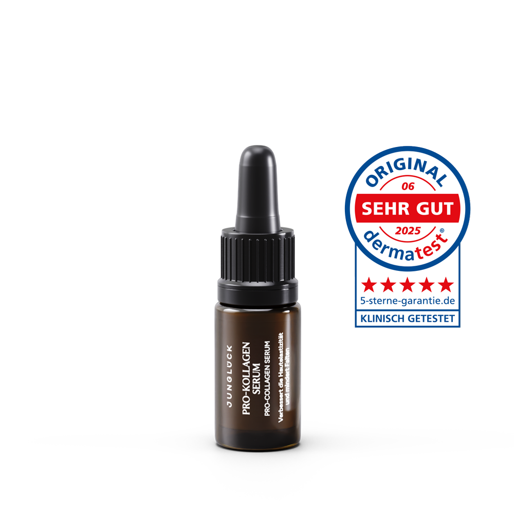 5ml dark brown glass dropper bottle of Pro-Kollagen Serum with white text and blue red DermaTest quality seal.