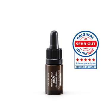 5ml dark brown glass dropper bottle of Pro-Kollagen Serum with white text and blue red DermaTest quality seal.