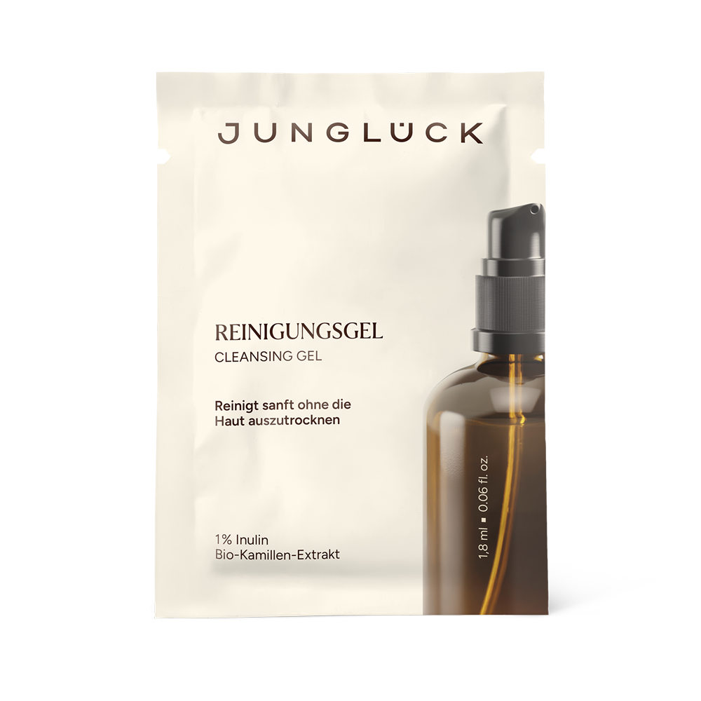 Sachet mit Reinigungsgel (18 ml) in Braunglasflasche, Bio-Kamillen-Extrakt und Inulin.