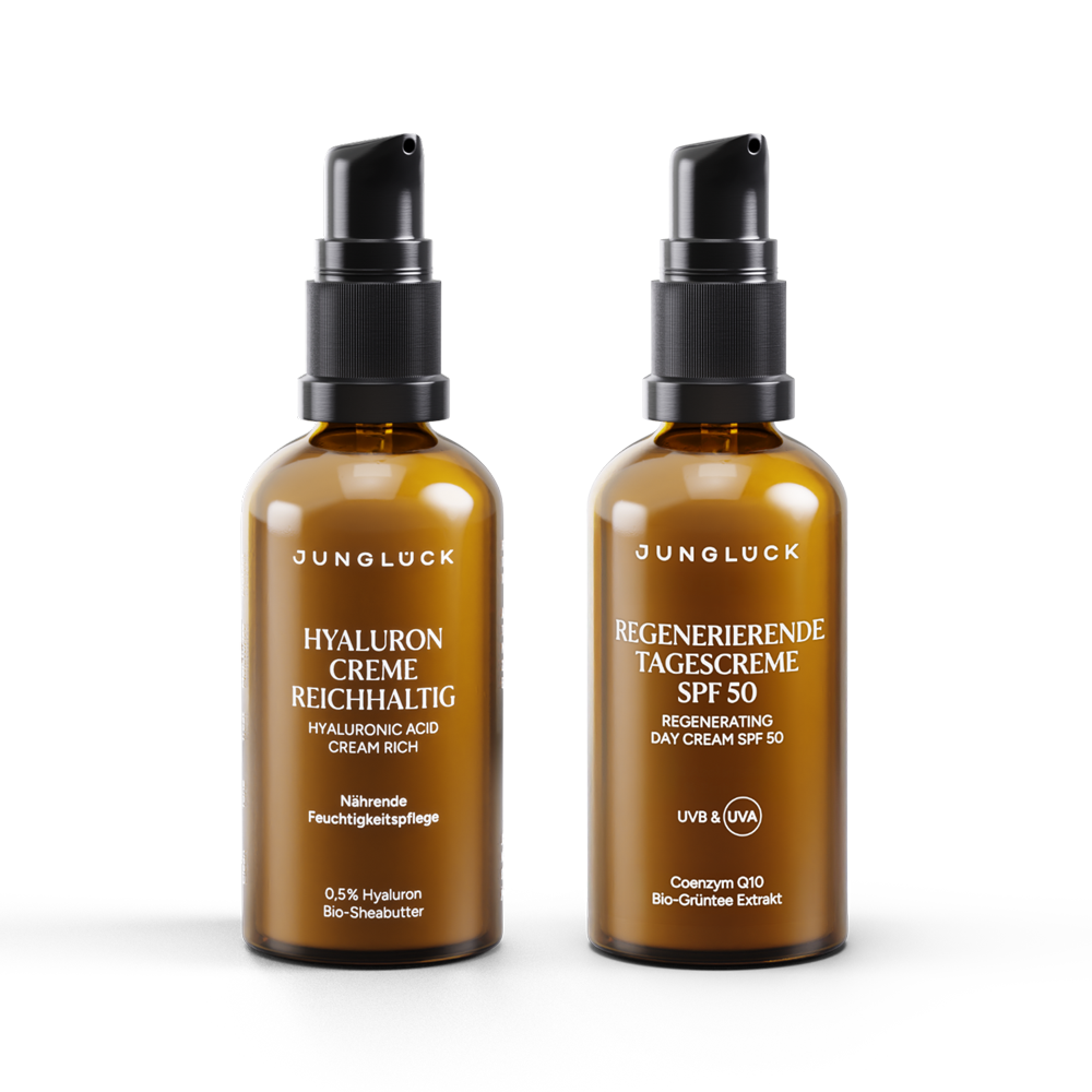 Braunglasflaschen mit Hyaluron Creme reichhaltig und regenerierender Tagescreme SPF 50. Beide Produkte fördern die