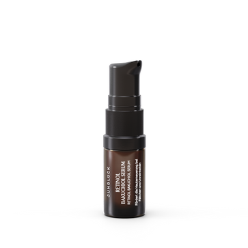 5ml dark brown glass pump bottle of Retinol Bakuchiol Serum with black cap and white text label.