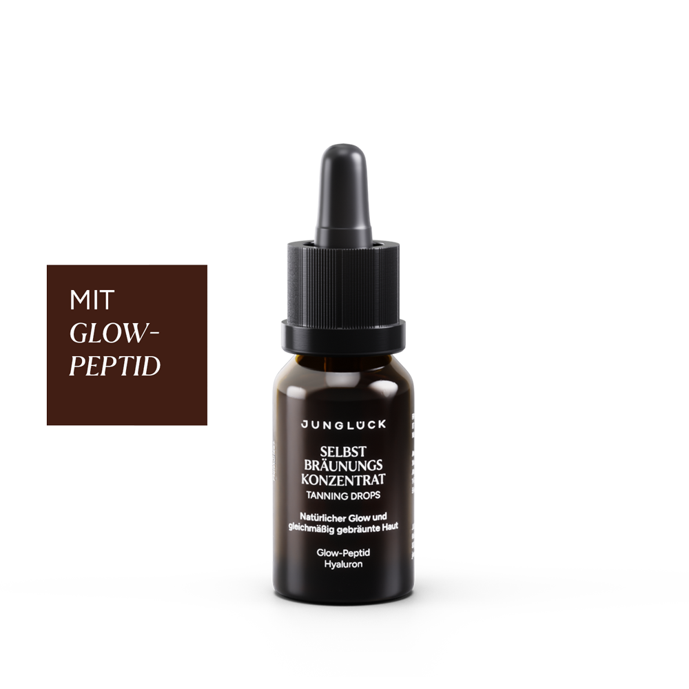 15ml dark amber glass dropper bottle with black cap labeled Selbstbräunungskonzentrat.
