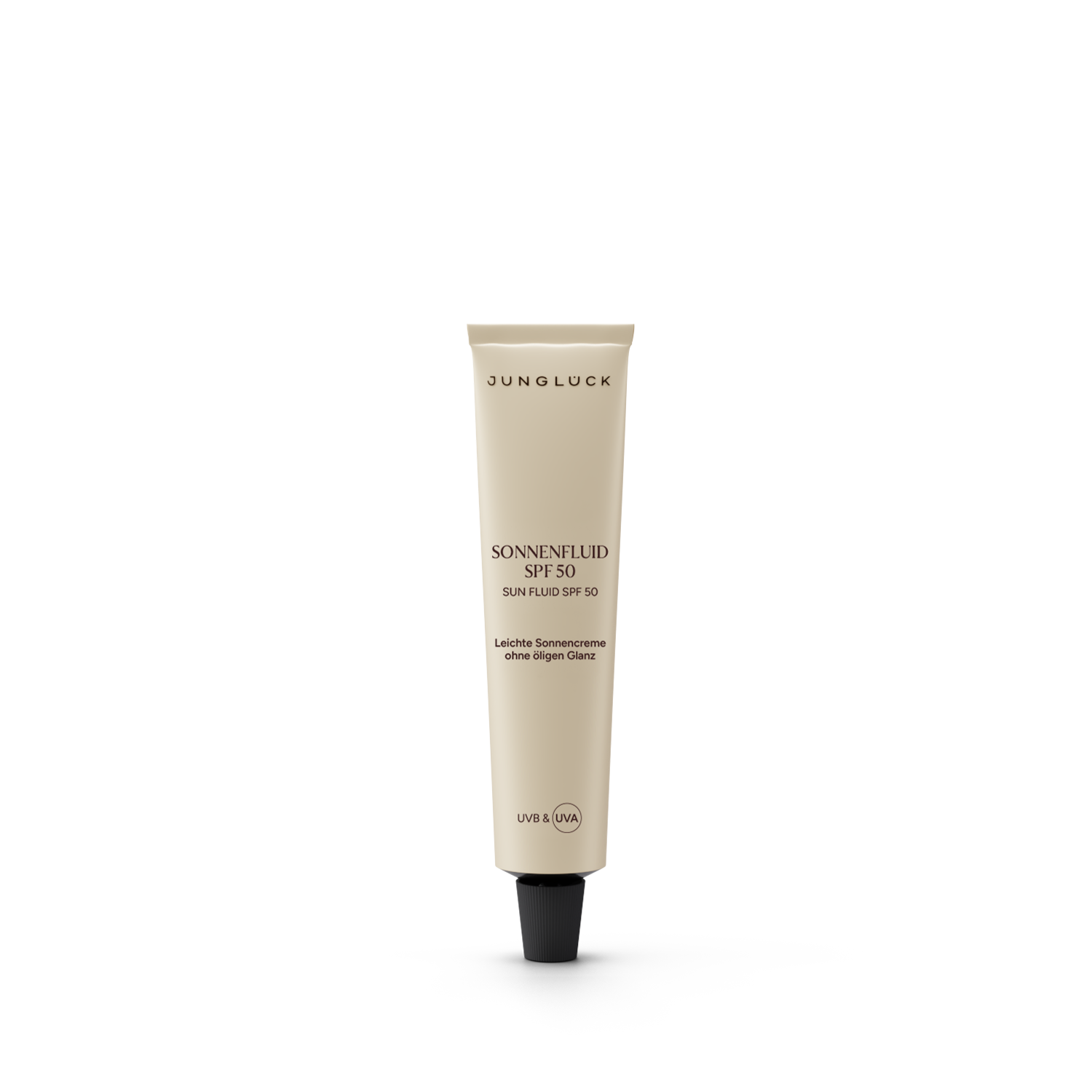 Beige 10ml tube of Junglück Sonnenfluid SPF 50 with black cap and minimalist black text.