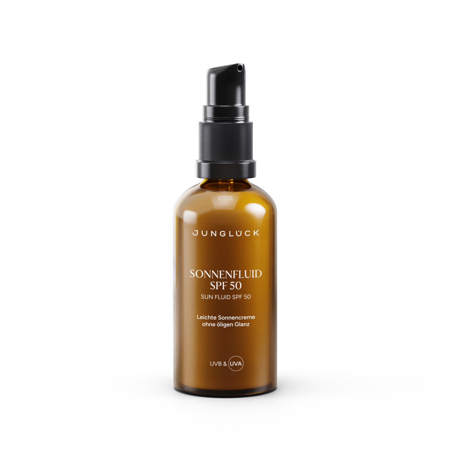 Amber glass bottle of Jungluck Sonnenfluid SPF 50 sunscreen with black pump dispenser and white text.