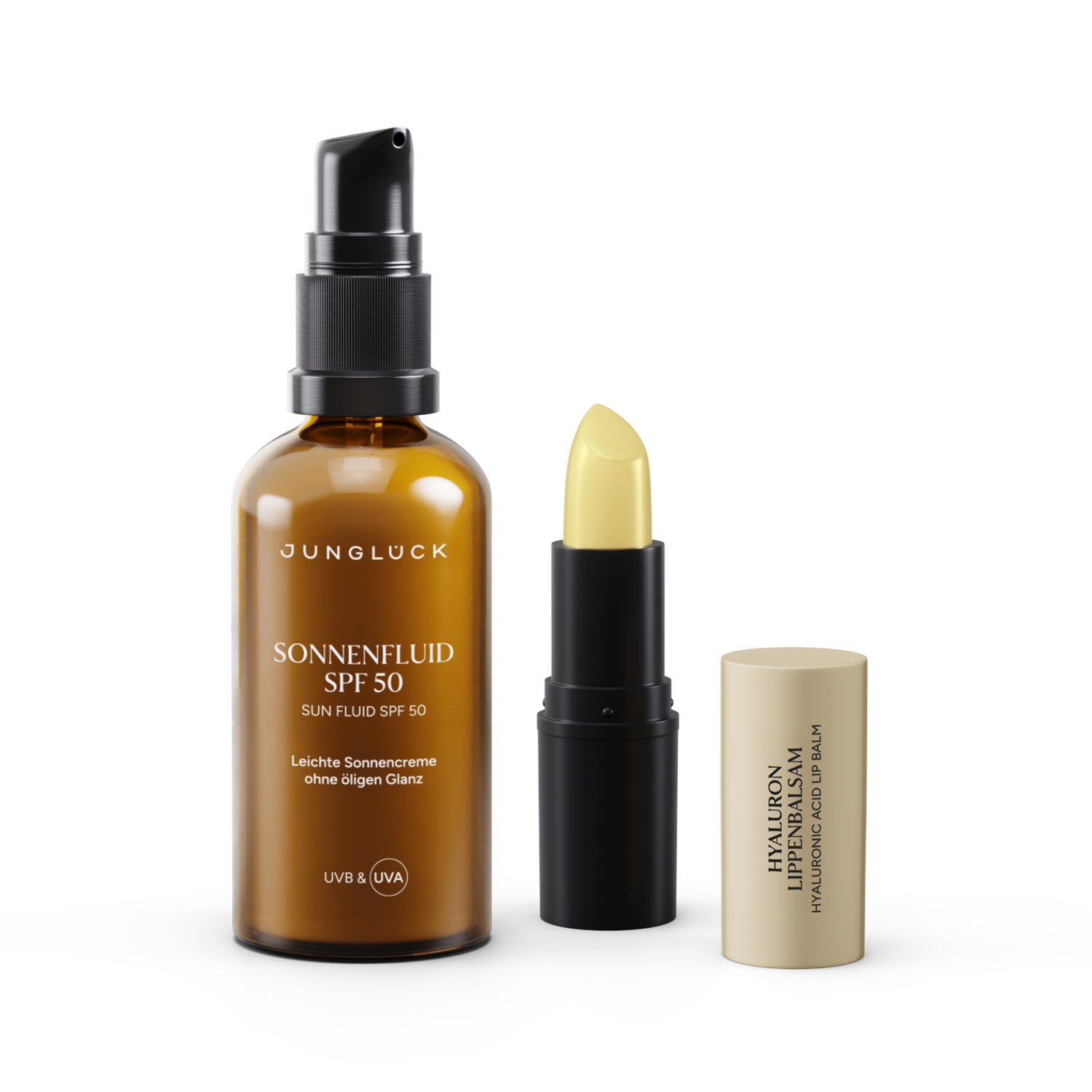 Amber glass bottle of Sonnenschutz Sonnenfluid SPF 50 with black pump and beige sunscreen lip balm with removed cap.