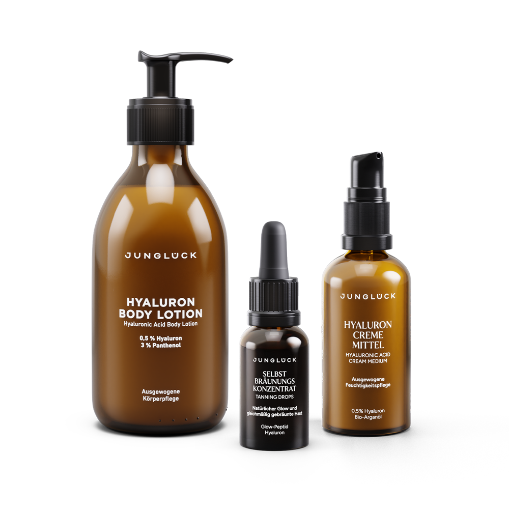 Junglück Sonnenverwöhnt Trio - Hyaluron Body Lotion, Selbstbräunungskonzentrat und Hyaluron Creme Mittel