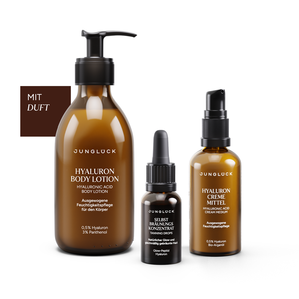 Junglück Sonnenverwöhnt Trio - Hyaluron Body Lotion mit Duft, Selbstbräunungskonzentrat und Hyaluron Creme Mittel