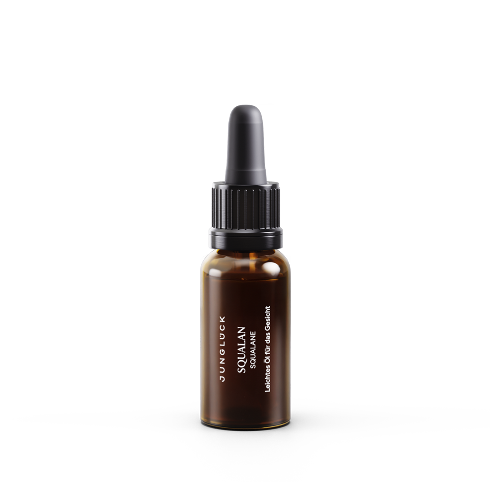 10ml amber glass dropper bottle of Squalan oil-free facial serum with black cap.