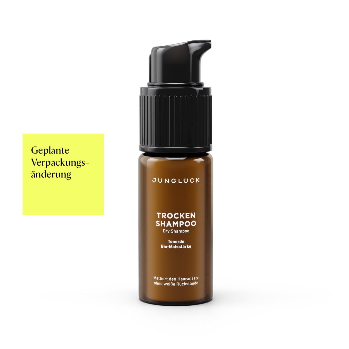 Braunglasflasche mit Trockenshampoo, Informationen zu Inhaltsstoffen, Hinweis auf geplante Verpackungsänderung.