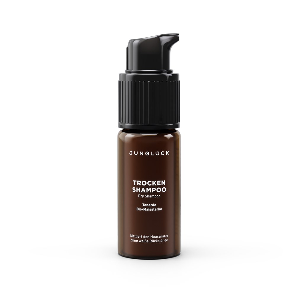 Dark brown pump bottle of Junglock Trockenshampoo for dark hair, minimalist label design.