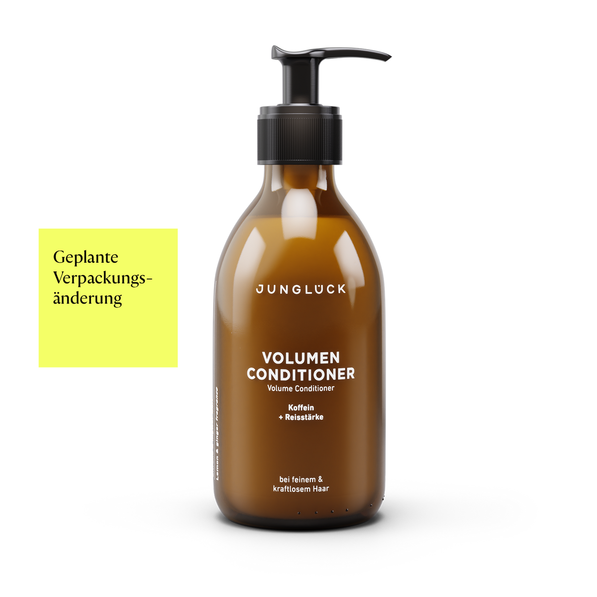Braunglasflasche mit Pumpverschluss, beschriftet "VOLLEMEN CONDITIONER". Hinweis auf geplante Verpackungsänderung.