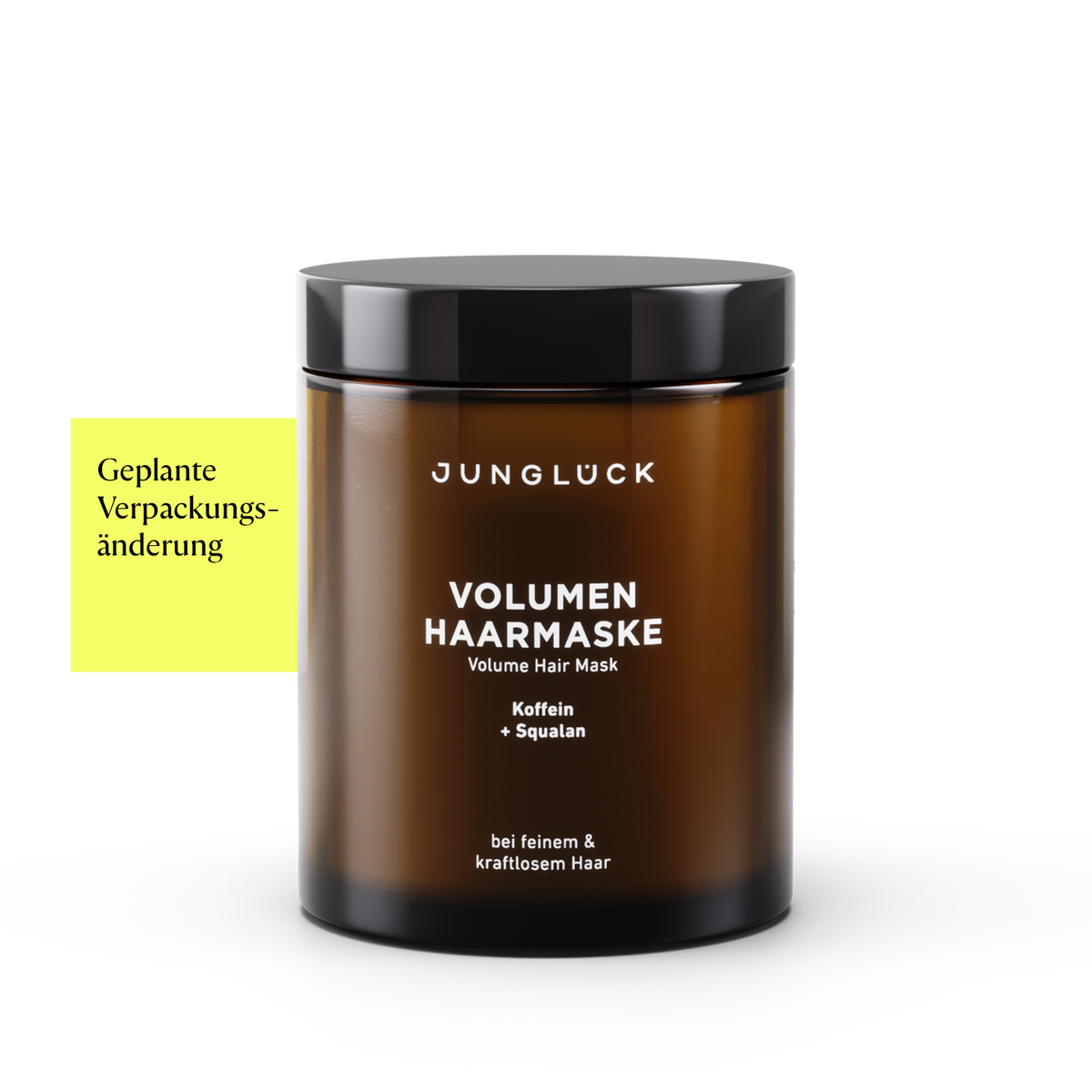 Braunglasbehälter der Volumen Haarmaske mit Koffein und Squalan, Hinweis zur geplanten Verpackungsänderung.